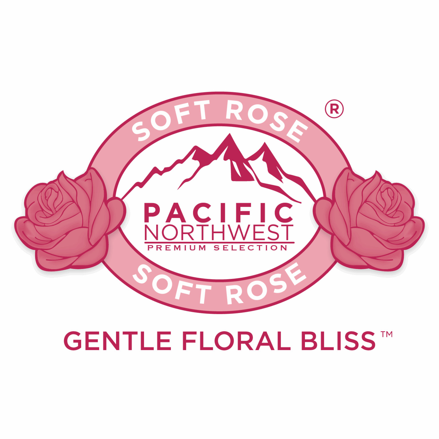 Illustrated icon embedded into the text box of soft rose scent blend with drawings of roses. Text reads: Soft Rose Pacific Northwest premium selection. Gentle floral bliss.