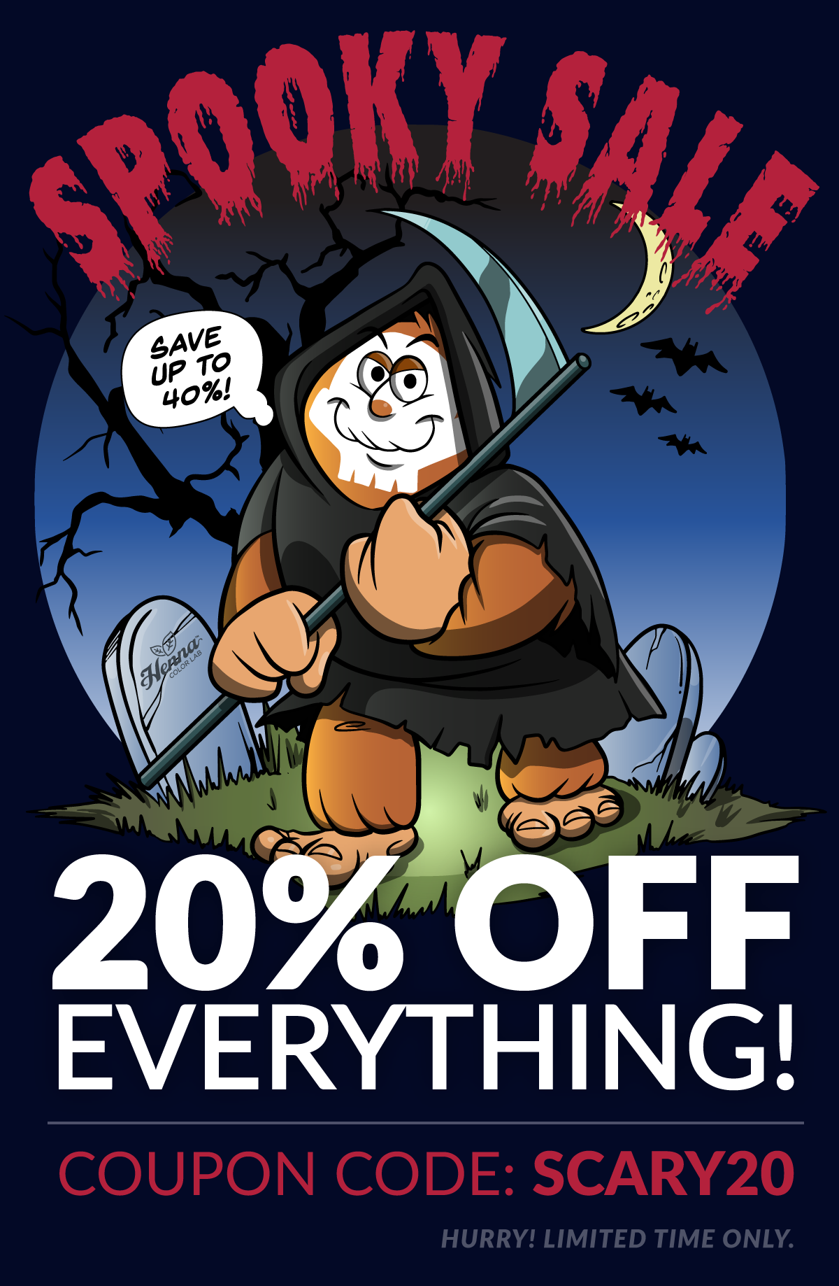 Illustration of bigfoot mascot as the grim reaper. Spooky Sale: 20% OFF everything! Save up to 40% with coupon code scary20. Hurry! Limited time only.