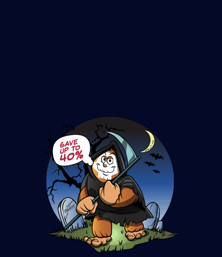 Illustration of bigfoot mascot as the grim reaper. Text reads: Spooky Sale: 20% OFF everything! Save up to 40% with coupon code scary20.