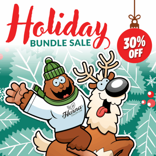 Illustration of bigfoot dressed in winter clothes riding a reindeer. Winter holiday background. Text reads: Holiday bundle sale. 30% off.