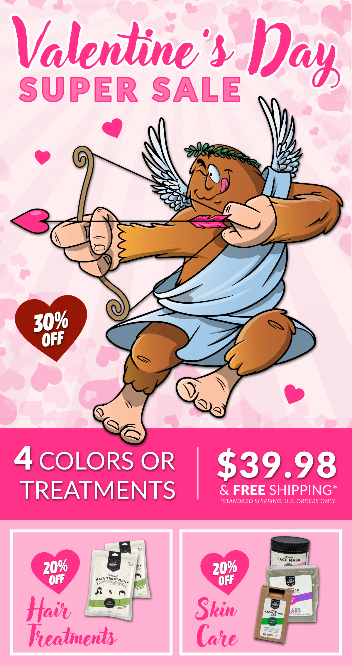 Image of cupid Bigfoot. Text: Valentine's Day Super Sale. 4 colors for $39.98