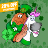 Image of Leprechaun with unicorn. Text reads 20% off everything.