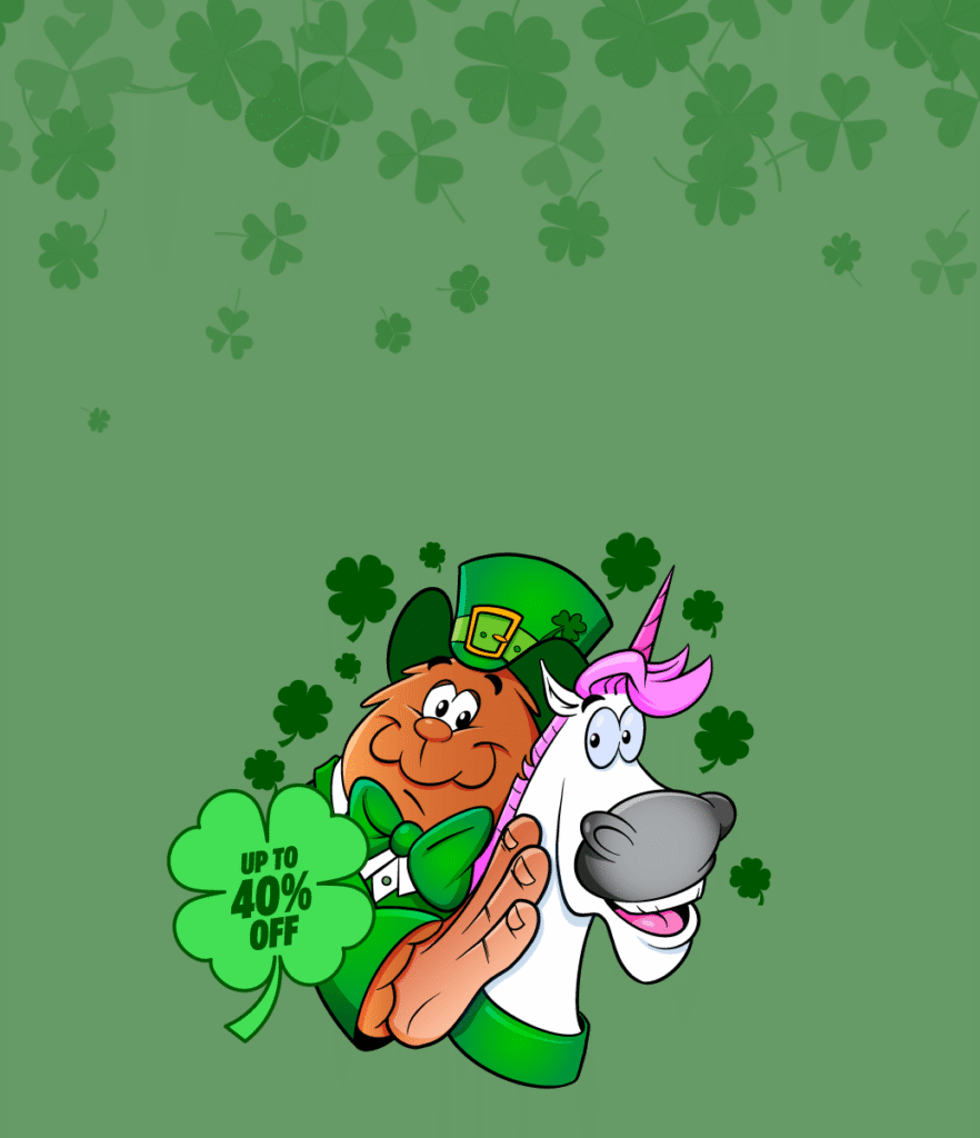 Green clover background. Image of Leprechaun with unicorn. Text reads 20% off everything. Coupon LUCKY20