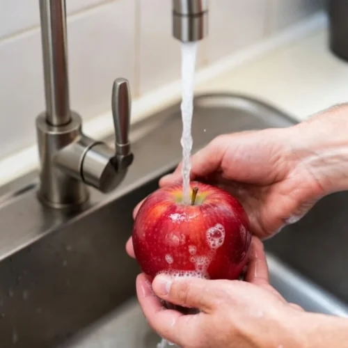 Image of cleaning an apple in the sink.