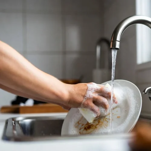Image of woman cleaning dishes with rich lather.