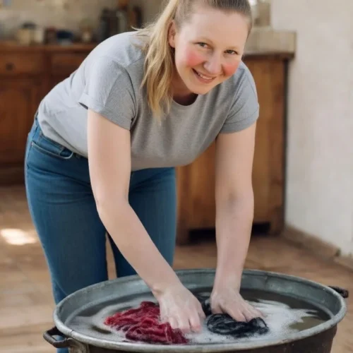 Woman hand-washing clothes with washtub.