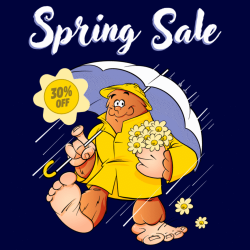 Bigfoot in rain coat and holding umbrella. Text reads: spring sale, 30% off.