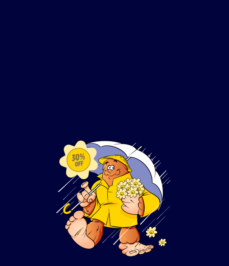 Bigfoot in rain coat and holding umbrella. Text reads: 30% off.