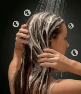 A woman applying conditioner to hair in the shower.