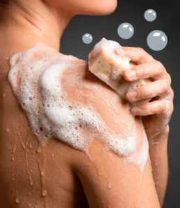 woman cleaning shoulder with sudsing bar soap.
