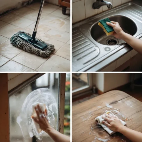 Images of mop, sponge, table and window cleaning with suds and lather.