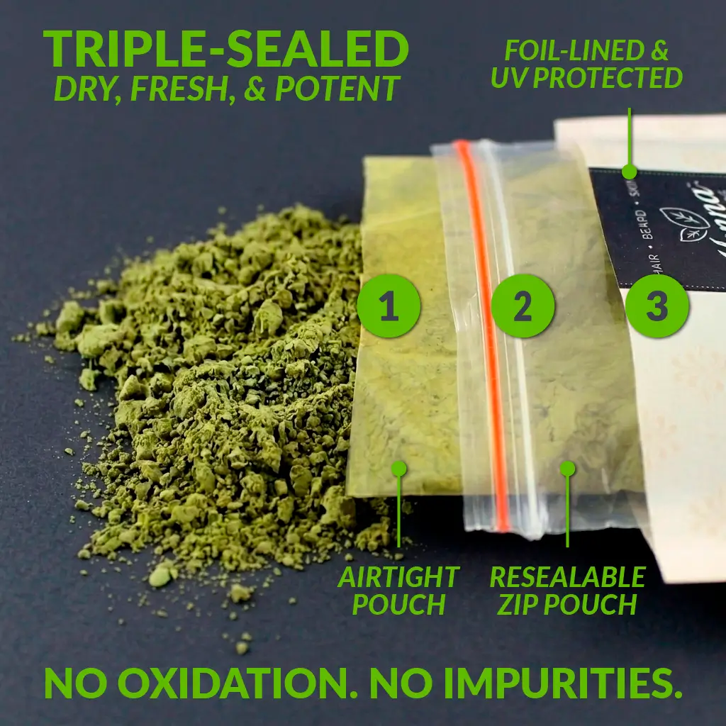 Image of henna hair dye pouch split open showing the three different pouches. Triple-sealed for potency and freshness.