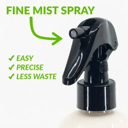 Spray pump: Text pointing to nozzle reads: Fine mist spray, easy, precise, less waste.