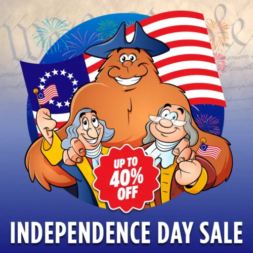 Bigfoot with founding fathers. Text: Independence Day Sale - up to 40% OFF