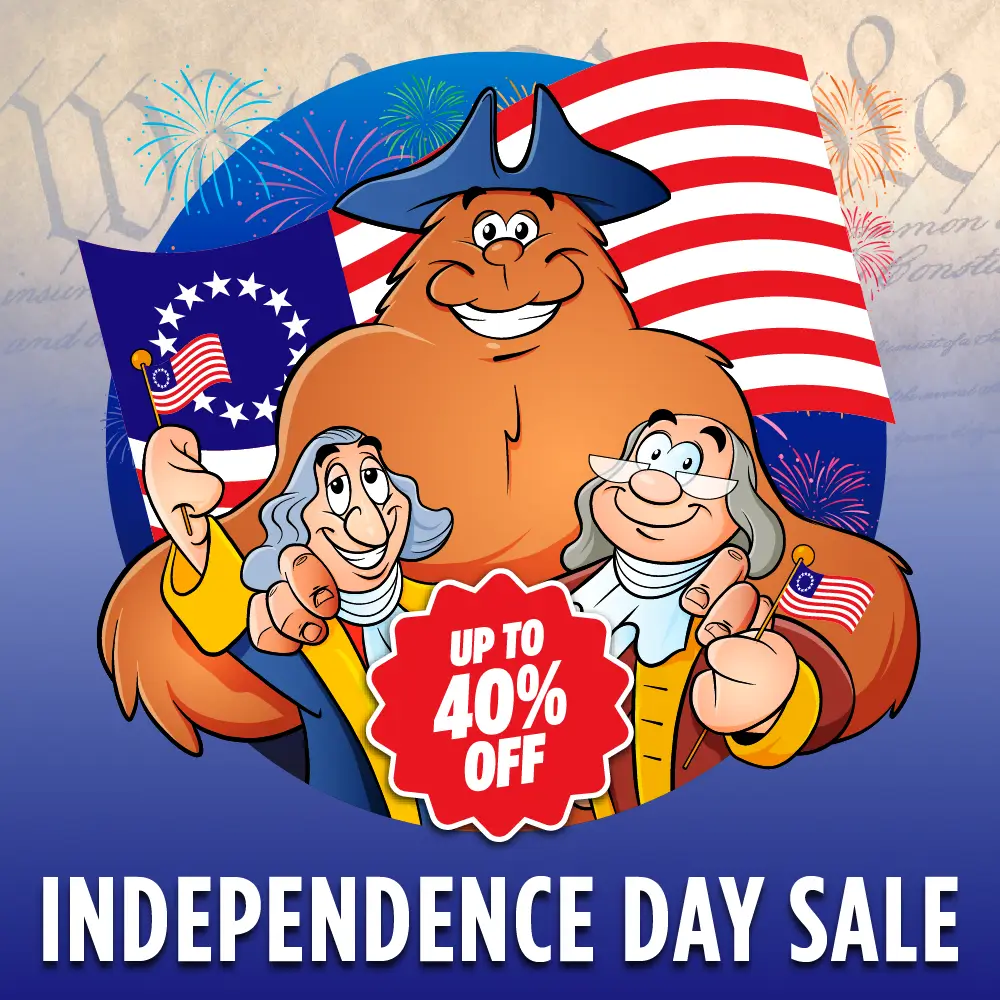 Bigfoot with founding fathers. Text: Independence Day Sale - up to 40% OFF