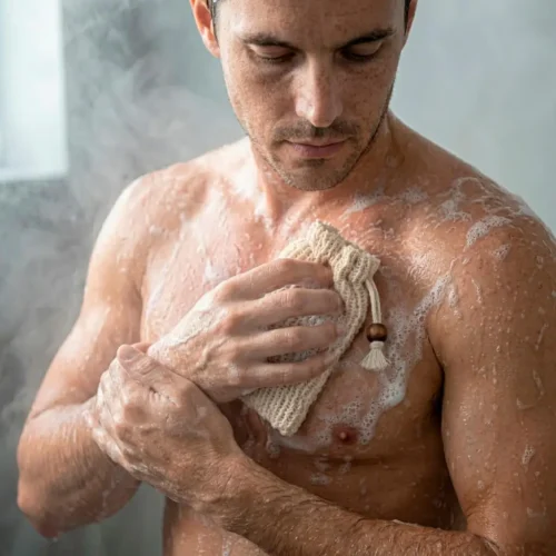 Man using soap saver pouch in shower. Making good lather.