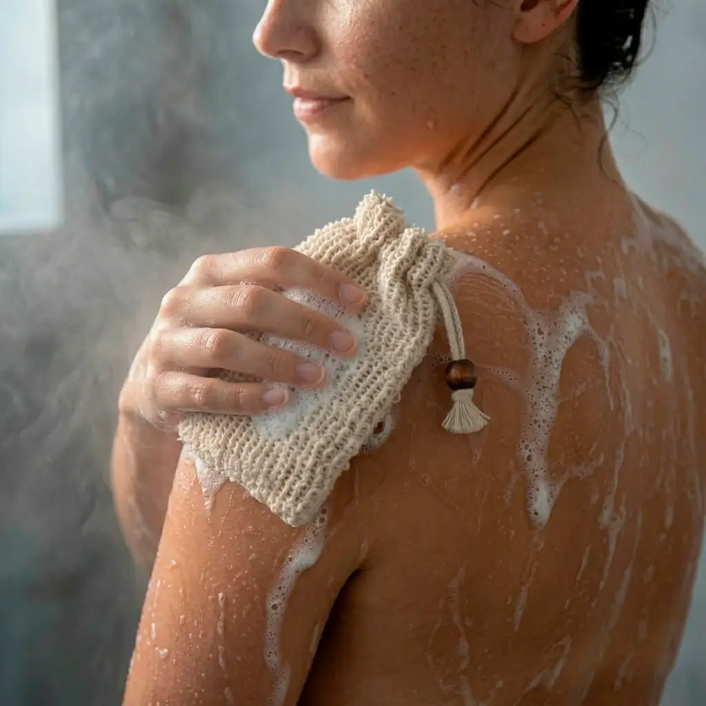Woman using soap saver pouch in shower. Making good lather.