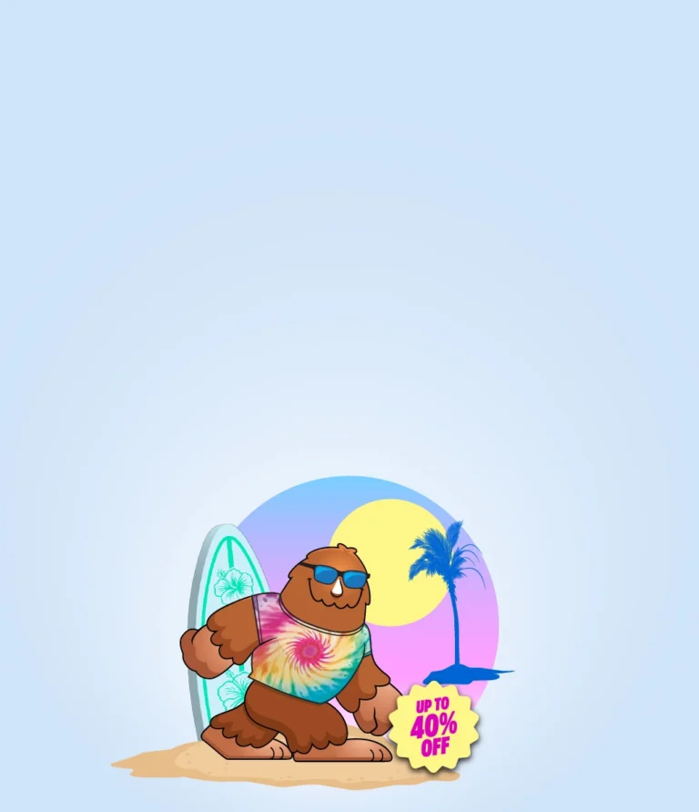 Summer sale: 4 colors or treatments for $39.98 plus free shipping (USA only). Bigfoot in surfer outfit on beach.