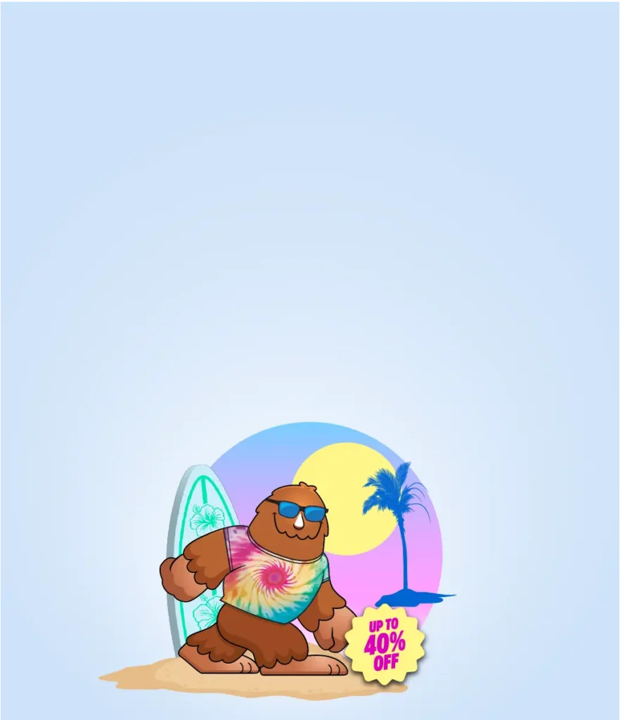 Summer sale: 4 colors or treatments for $39.98 plus free shipping (USA only). Bigfoot in surfer outfit on beach.