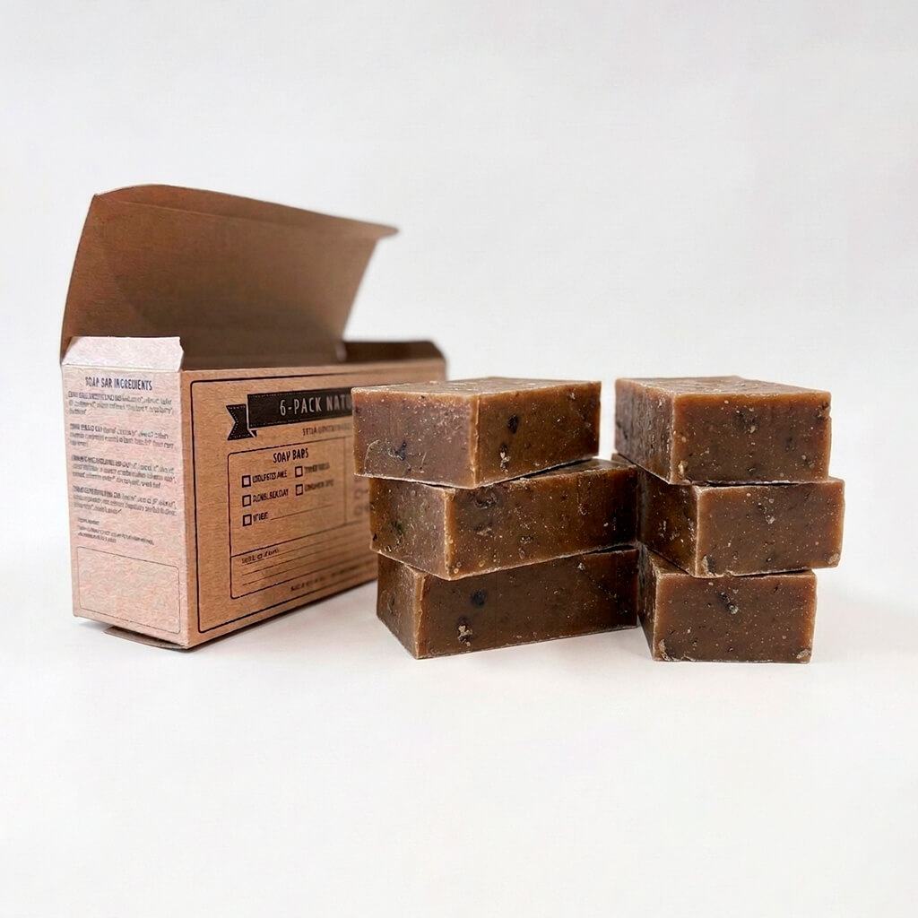 6-pack cinnamon spice exfoliating body bars stacked outside box.