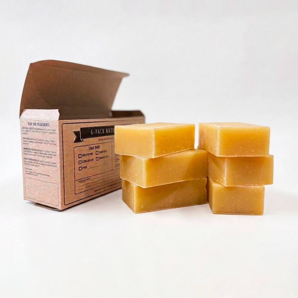 6-pack lemongrass-rosemary shampoo bars stacked outside box.
