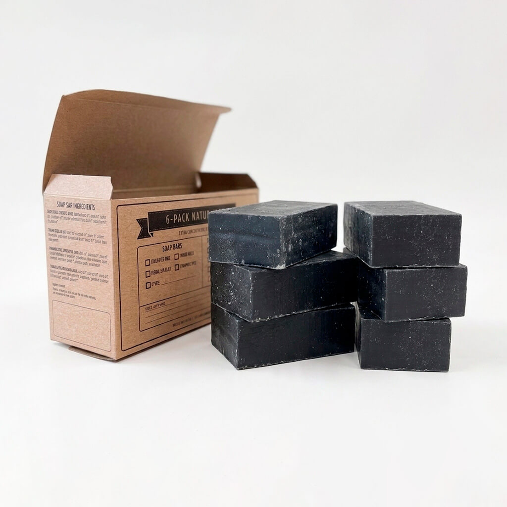 6-pack tea tree-peppermint shampoo bars stacked outside box.