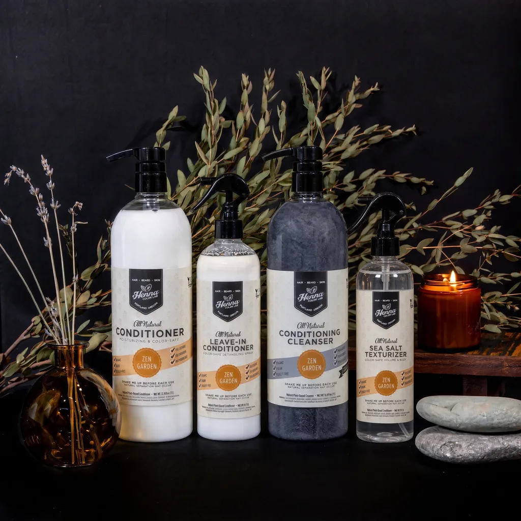 Zen garden hair care collection: bulk conditioner, leave-in conditioner, and conditioning cleanser.